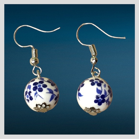 Blue Flower Ball Earrings - Picture 3 of 11